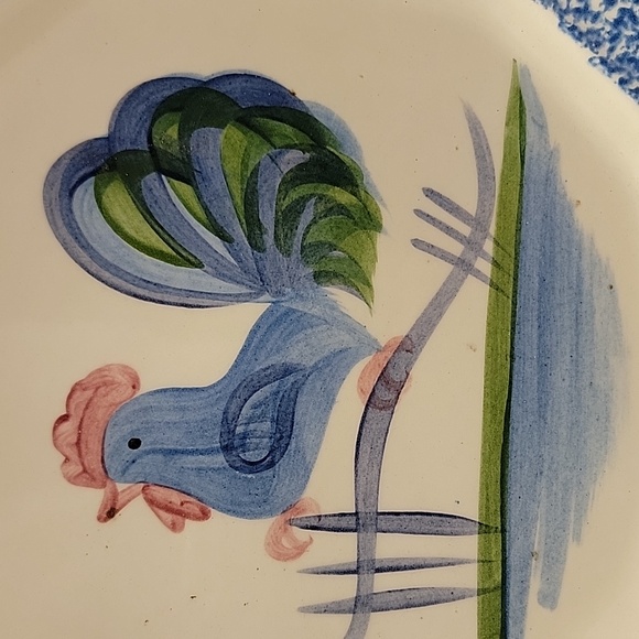 Vintage Laurie Gates Los Angeles Pottery Blue spatterware Rooster Plate - Picture 2 of 5